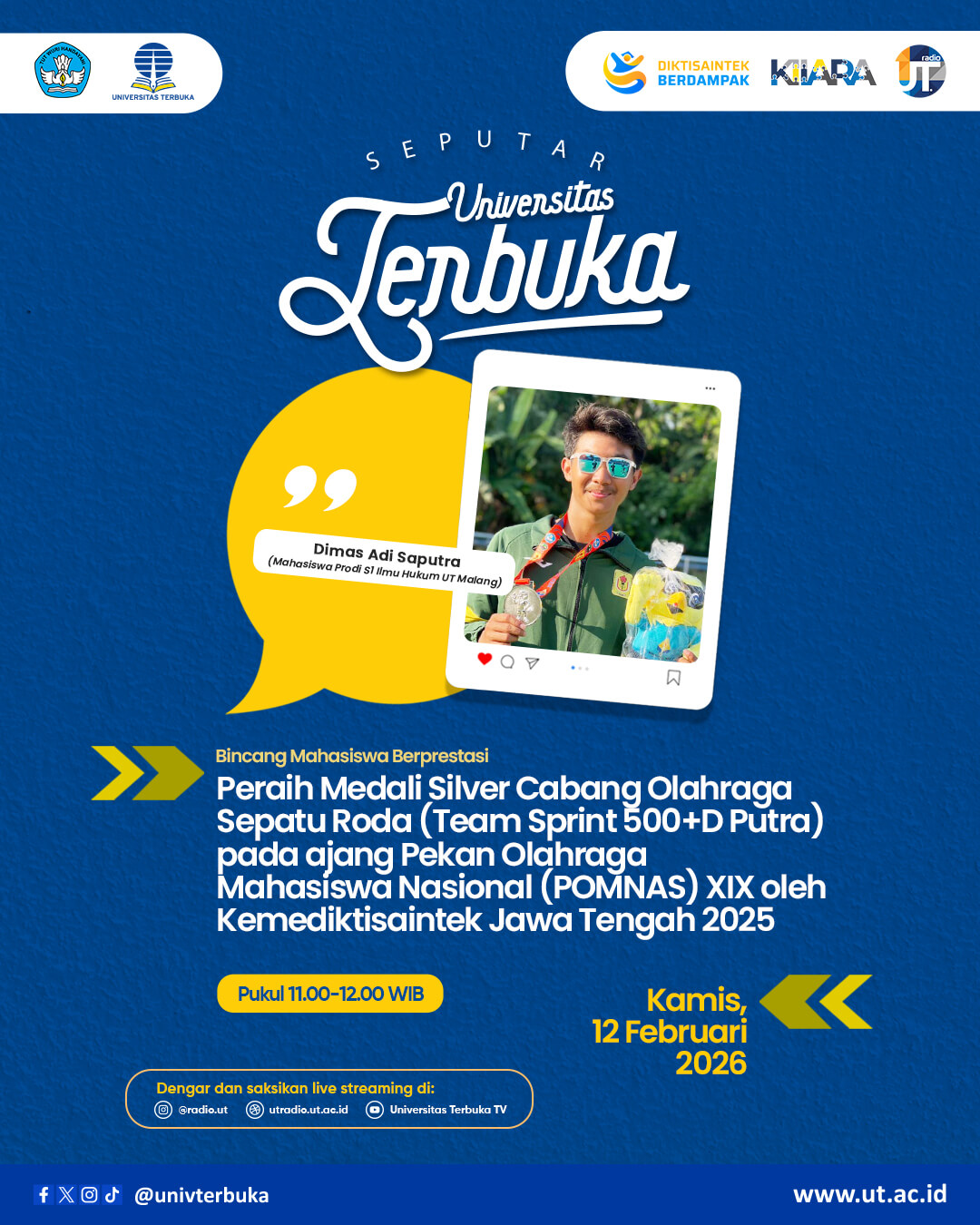 Peraih Medali Silver Cabang Olahraga Sepatu Roda (Team Sprint 500+D Putra) pada ajang Pekan Olahraga Mahasiswa Nasional (POMNAS) XIX oleh Kemediktisaintek Jawa Tengah 2025