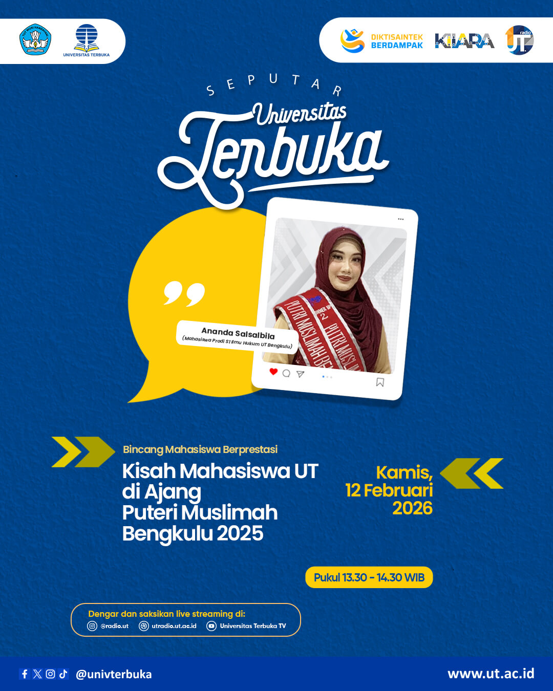 Bincang Mahasiswa Berprestasi: Kisah Mahasiswa UT di Ajang Puteri Muslimah Bengkulu 2025