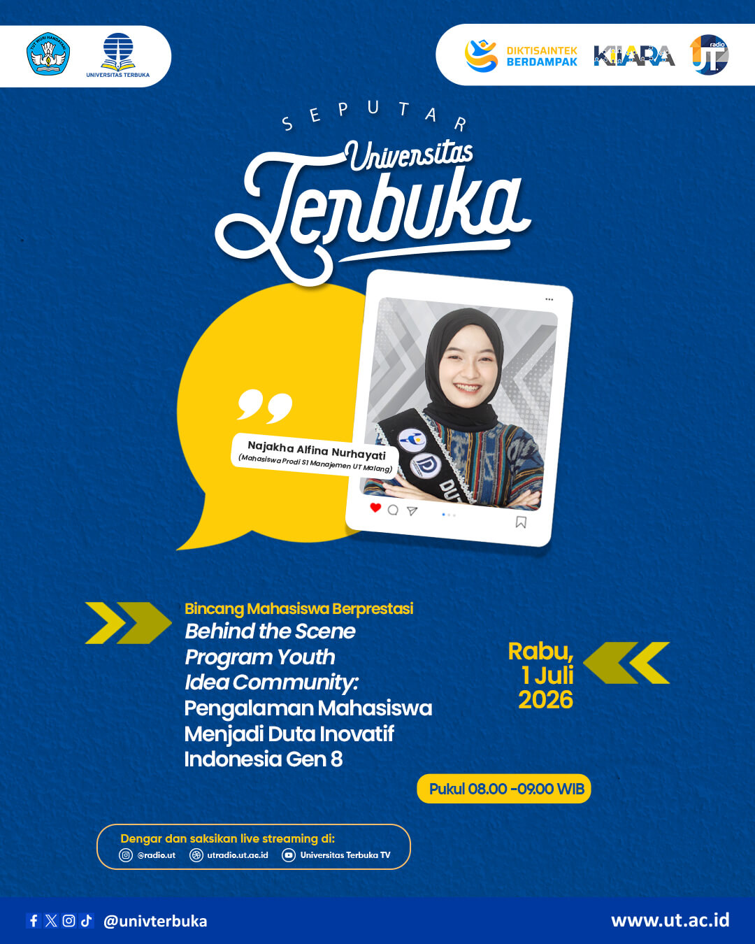 Bincang Mahasiswa Berprestasi "Behind the Scene Program Youth Idea Community: Pengalaman Mahasiswa Menjadi Duta Inovatif Indonesia Gen 8"